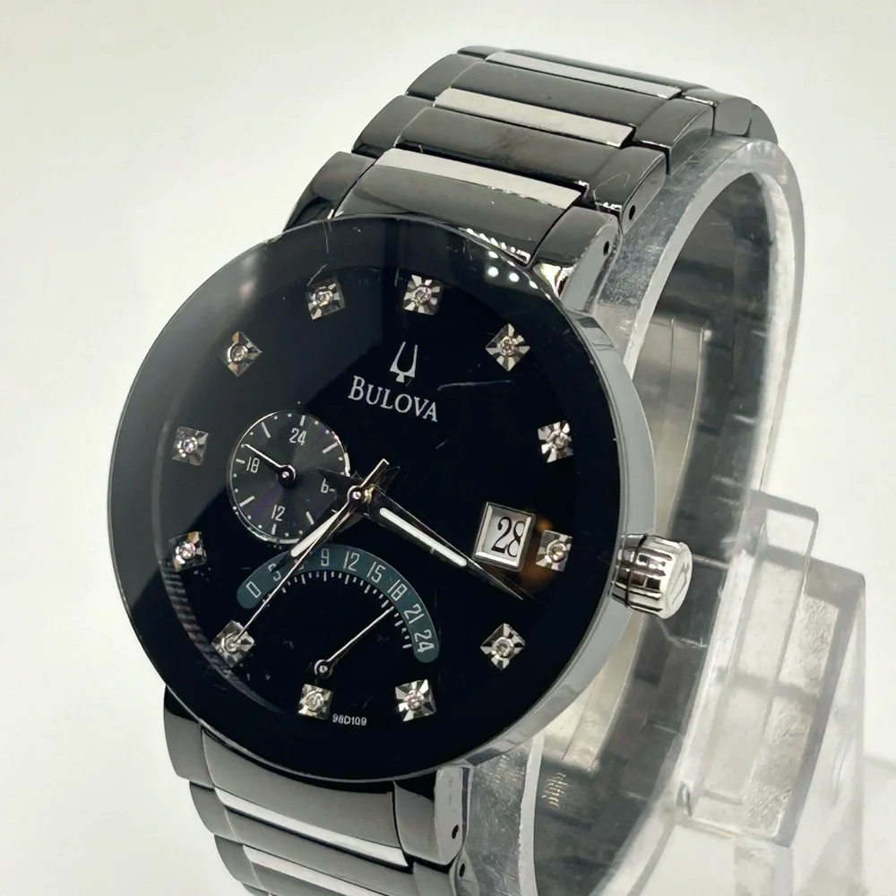 Bulova Men's Watch 98D109 Quartz Black Dial Diamond Accent Stainless Steel 40mm